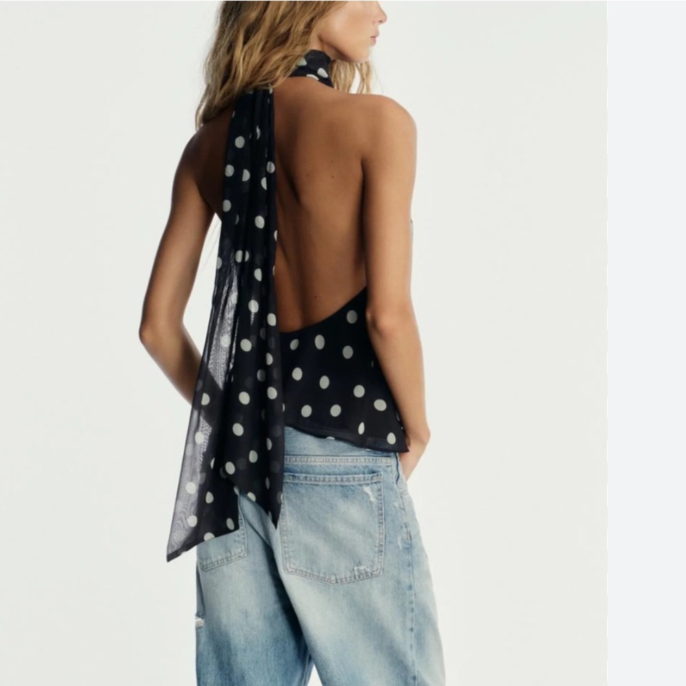 Zara Black & White Polka Dot Halter Backless Top